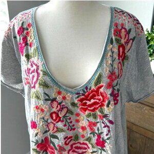 RESERVED Short Sleeve Floral Embroidered Gray Cotton Tunic Dress size XL